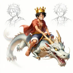 concept sketches of luffy wearing a gold crown riding a large dragon by jamie hewlett, in the style of megaman