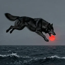a huge black fenrir wolf with many long paws in a jump, flying over the horizon, mouth open, biting the little red sun in his teeth, over the expanses of the raging sea, zdzisław beksinski