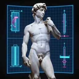 3d scan of the statue of David by Michelangelo, Holographic Projection, Grid, glowing neon, diagram schematic, measurements, synthwave, octane rendered, 16k uhd