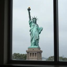 a real photo of the statue of liberty viewed from inside a far away skyscraper's window on a rainy day, by joel meyerowitz