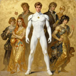 full character of a handsome futuristic superhero in white clothes, character design, painting by gaston bussiere, katsuya terada, nc wyeth, greg rutkowski, craig mullins, vermeer, frank frazetta, mucha, tom of finland, trending on artstation, jeffery catherine jones, rule of thirds, gold!!!