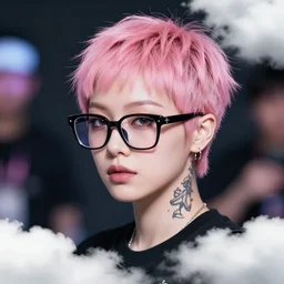 portrait of a korean lady with a pixie cut pink hair, hoyden, goth emo, tattoo on neck, thick glasses. kpop. len blur background bokeh. art by ismail inceoglu and filip hodas. clouds by rhads.