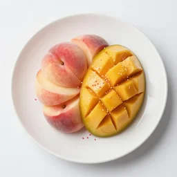 beautiful photo a fairy made of peaches, mangoes and sprinkles, on a white plate, dslr