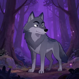a cartoonish anthropomorphic grey wolf is lurking in a mystical forest full of wonders, purple color scheme, pine trees, magical atmosphere, trending on artstation, 3 0 mm, by noah bradley trending on artstation, deviantart, high detail, stylized portrait