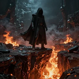 Morpheus, the Lord of Dreams, Sandman, standing on the precipice as the fires of hell roar from the depths of the chasm at his feet.