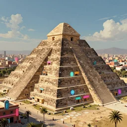 Aztec Pyramid googie architecture in 1965 a  aztec city, neon signs and googie style apartments highly detailed, digital painting, artstation, concept art, sharp focus, illustration, in style of Dinotopia and James Gurney and Greg Rutkowski