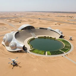 aerial view of desert terraformation project, venus project,  with snail-shaped biomimetic architecture, mini stepped amphitheatre, mini lake, vertical vegetable gardens, robotic drones, XF IQ4, 150MP, 50mm, F1.4, ISO 200, 1/160s, natural light