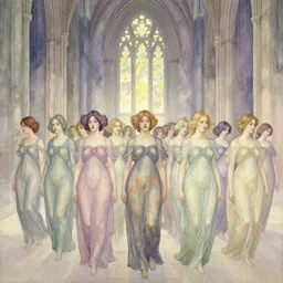 procession of women in a gothic temple, dripping watercolor by gottfried helnwein, by hammershøi, highly detailed, art nouveau wallpaper, lights by edward hopper, liminal, eerie, pastel colors, limited palette