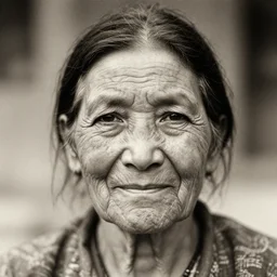 a black and white grainy photograph in sepia tone of an old woman with a deeply lined face