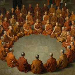 painting of large crowd of monks with sitting in circular formation, realistic old master painting art by ruan jia, tooth wu, wlop, james jean, victo ngai, delicate, beautifully lit, muted colors, highly detailed, artstation,, fantasy art by craig mullins, thomas kinkade