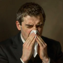 a very detailed portrait of rowan atkinson sneezing, art by rembrandt