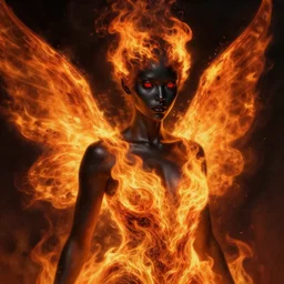 portrait of a fire fairy, dress made of fire, fiery wings, obsidian skin, red eyes, highly detailed, detailed face, smooth, sharp focus, chiaroscuro, digital painting, artgerm and greg rutkowski and alphonse mucha