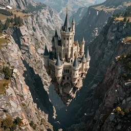 immense floating one castle, in the middle of high mountains, hanging by chains, inside a gorge, below only darkness, contrast, void, 8 k resolution, ue 5, hyper - detailed, aerial view, by simon bisley, beeple, justin gerard