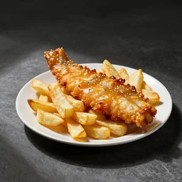 Isometric image of a plate of fish and chips