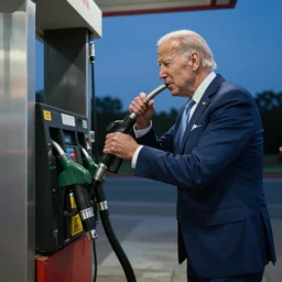 Joe Biden sipping gasoline from the gas station gas pump