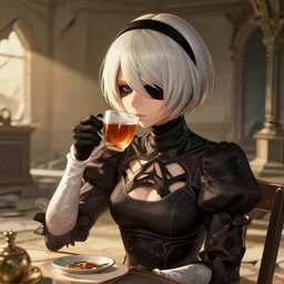 beautiful portrait of 2B from Nier Automata drinking tea, golden hour, empty destroyed room background, digital art