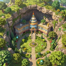 worm's eye view of overwatch headquarters carved inside a mountain above a lush garden, neatly trimmed vegetation, magical, natural light, fantasy, sharp focus, concept art, by greg rutkowski and craig mullins, cozy atmospheric