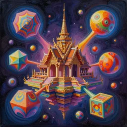 a hyperdetailed acrylic painting of vibrant vectors forming impossible twelve dimensional shapes that transcend space and time, ambient occlusion, 3 d model, magical realism inspired by psychadelia and ancient architecture of thailand, trending on artstation,
