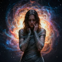 an anxious woman wrapped in wire, surrounded by an exploding nebulas, by vincent desiderio