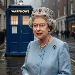 Portrait of Queen Elizabeth II, with the Tardis behind her, on a dark rainy London street, highly detailed, digital painting, concept art, smooth, sharp focus