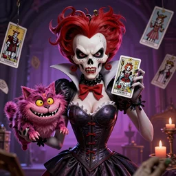 Angry Queen of Hearts with Cheshire Cat, Death Tarot card,highly detailed,half skull face,cinematic,8k,by Stanley Artgermm,Tom Bagshaw,Greg Rutkowski,Carne Griffiths, Ayami Kojima, Beksinski, Giger,trending on DeviantArt,hyper detailed,horror, full of colour