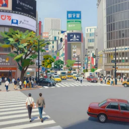 an edward hopper style painting of shinjuku crossing, tokyo, summer