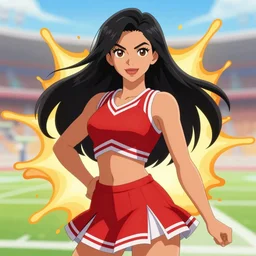 a beautiful woman with long black hair, wearing a red cheerleader uniform, Hearthstone official splash art