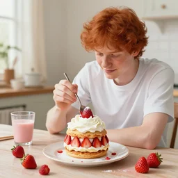 painting of redhead boyfriend making strawberry shortcake topped with whipped cream