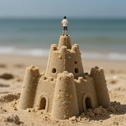 A tiny miniature real live person building a sand castle