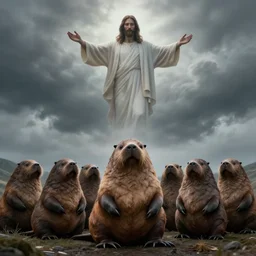 a foreboding jesus in the sky looking down upon the walrus people