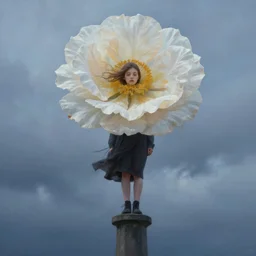 portrait, giant flower as head, a girl standing on pillar, surreal photography, wind and cold, dramatic sky, impressionist painting, digital painting, artstation, simon stalenhag