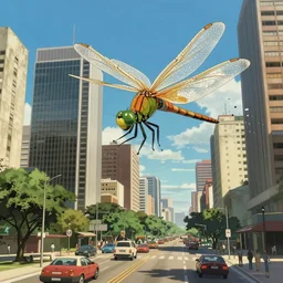 Avenida paulista at são paulo artwork by Tomer Hanuka Rendering with an giant dragonfly devastating it. full of details, by Makoto Shinkai and thomas kinkade, Matte painting, trending on artstation and unreal engine