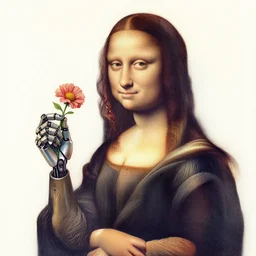 multicolor drawing of a pretty girl with a robotic arm holding a flower by leonardo da vinci in 4 k ultra high resolution, with depressive feeling