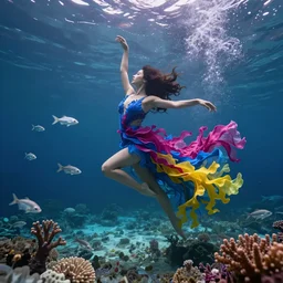 beautiful realistic woman dancing underwater wearing a flowing dress made of blue, magenta, and yellow seaweed, delicate coral sea bottom, swirling silver fish, swirling smoke shapes, octane render, caustics lighting from above, cinematic