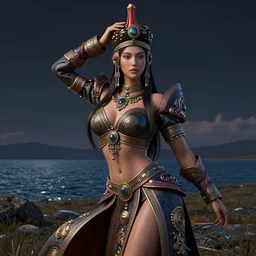 beautiful 3 d render of a mongolian queen goddess in a sensual pose, atmospheric lighting, painted, intricate, volumetric lighting, beautiful, rich deep colours masterpiece, sharp focus, ultra detailed, in the style of dan mumford and marc simonetti, with lake baikal in the background, astrophotgraphy