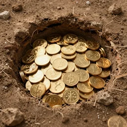 a big hole in the ground filled to the brim with gold coins, digital art, highly detailed, realistic, bright colors, 8 k