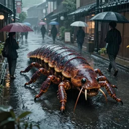 a 3 5 mm photograph of a massive tardigrade!!!!! walking in a rain soaked back street in osaka. dark! figures! of people holding umbrellas. digital art, trending on artstation, by studio ghibli and greg rutkowski. spirited away. trending on artstation, hyperrealism, unreal engine