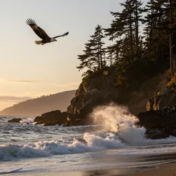 oregon coast at sunset waves crashing on the rocky shoreline while an eagle soars and lands on the towering fir trees