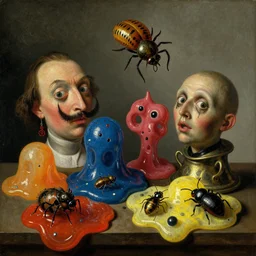 disturbing colorful oil painting dutch golden age vanitas still life with bizarre objects strange gooey surfaces shiny metal bizarre insects rachel ruysch dali todd schorr very detailed perfect composition rule of thirds masterpiece canon 5 0 mm, cinematic lighting, photography, retro, film, kodachrome