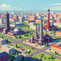 dystopian soviet city in futuristic aesthetics with factories and industrial zones in saturated colours, made by Joe Fenton