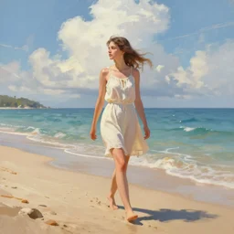 a painting of a girl walking on a beach, a digital painting by ilya kuvshinov, reuben tam, wide angle shot, pixiv contest winner, polycount, concept art, plein air, speedpainting, storybook illustration, # screenshotsaturday