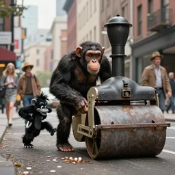 a chimpanzee picking up pennies in a city street with a steam roller headed towards him, depth of field, fashion photoshoot by nicoletta ceccoli, mark ryden, lostfish, dan decarlo, bob clampett, max fleischer, breathtaking, detailed and intricate environment, 8 k resolution, hyperrealistic, octane render