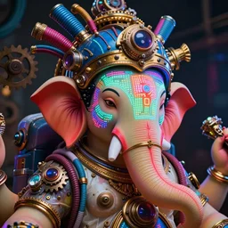 awardwinning photo of a trippy steampunk ganesh in an astronaut suit, the face is covered with multicolored glowing digital displays, wearing a glowing blue and golden metallic aztec helmet with multicolored cables and shiny metallic gears, 3 d render, crisp, 8 k, fluorescent colors, nikon photography