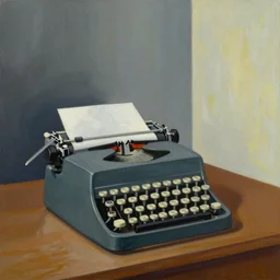 painting in a mix of Edward hopper and Pollock style of a typewriter standing on a desk