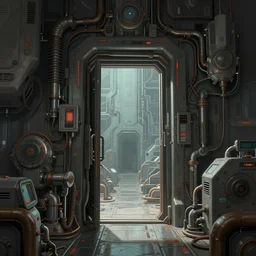a doorway surrounded by complex machinery is a portal to another dimension. in the style of john berkey. trending on artstation and deviantart. digital art. sci - fi