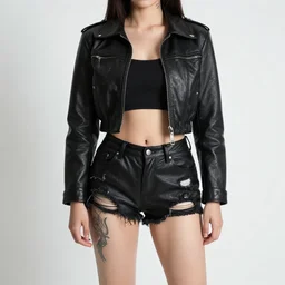 tattooed shady noir girl, wearing scratched and ripped leather shorts and a short jacket full of stamps and stitches, character sheet, fine details, concept design, contrast, kim jung gi, greg rutkowski, trending on artstation, 8 k, full body, turnaround, front view, back view, ultra wide angle