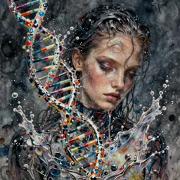 fierce wet fashion model, splash, shiny melted liquid metal dna, effervescent, poster art, high detail, intricate oil painting and watercolor, deep mood, hyperrealism, 3 d, in the style of irakli nadar,