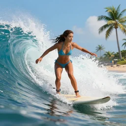 attractive bikini girl wave surfing on surfboard on ocean with huge waves near beach with palm tree, 3 d render octane unreal 5, detail, high res, fluid dynamics, hyper realistic render