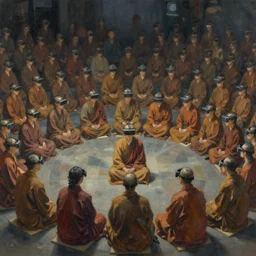 large crowd of thousands of monks wearing vr headsets and sitting in circular formation, painting by hsiao - ron cheng, miho hirano, extremely moody lighting, 8 k