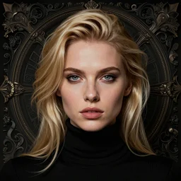 face shot portrait of attractive blonde powerful young woman with black turtleneck, by greg rutkowski, by zdzislaw beksinski, very detailed, ornate, intricate, octane render, dark color lighting, volumetric lighting, 8 5 mm